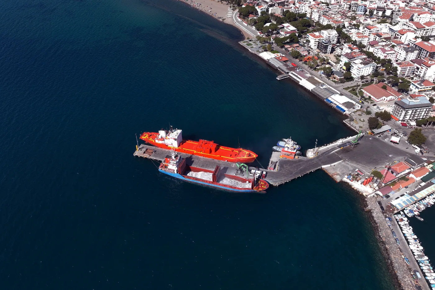 Aerial view of vessels berthed at Dikili Port