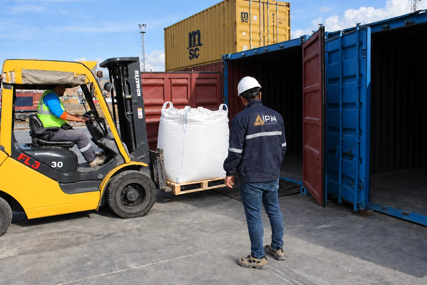Big bag loaded into a shipping container by forklift