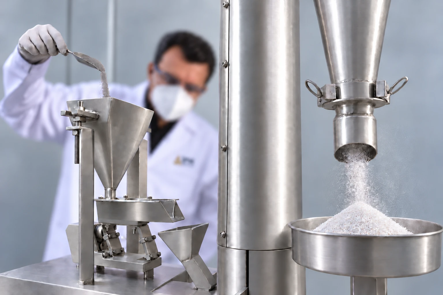 Technician loading a perlite sample into a laboratory feeder while material falls into a collection tray