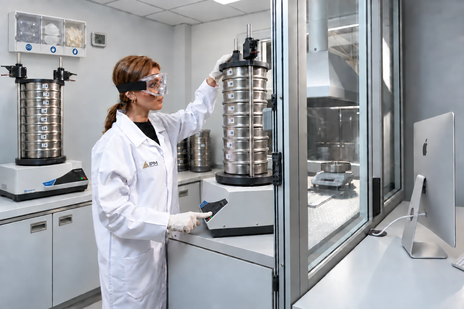 Technician operating a stack of test sieves on a sieve shaker for particle-size analysis