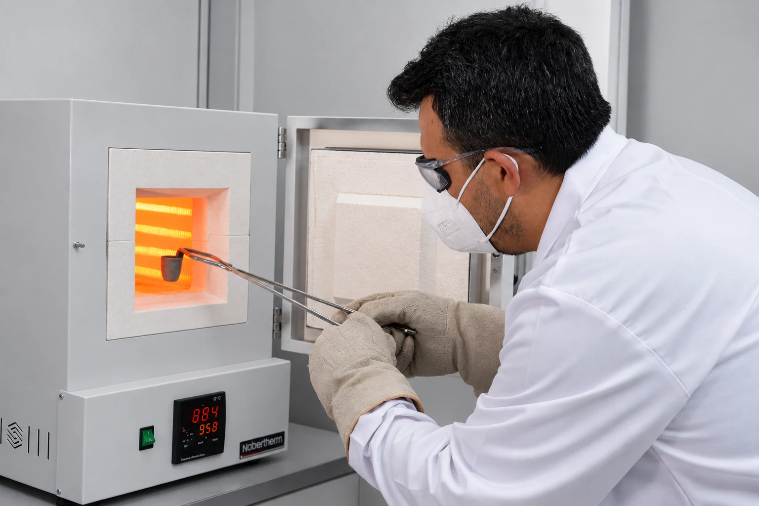 Technician using tongs to place a crucible into a laboratory muffle furnace