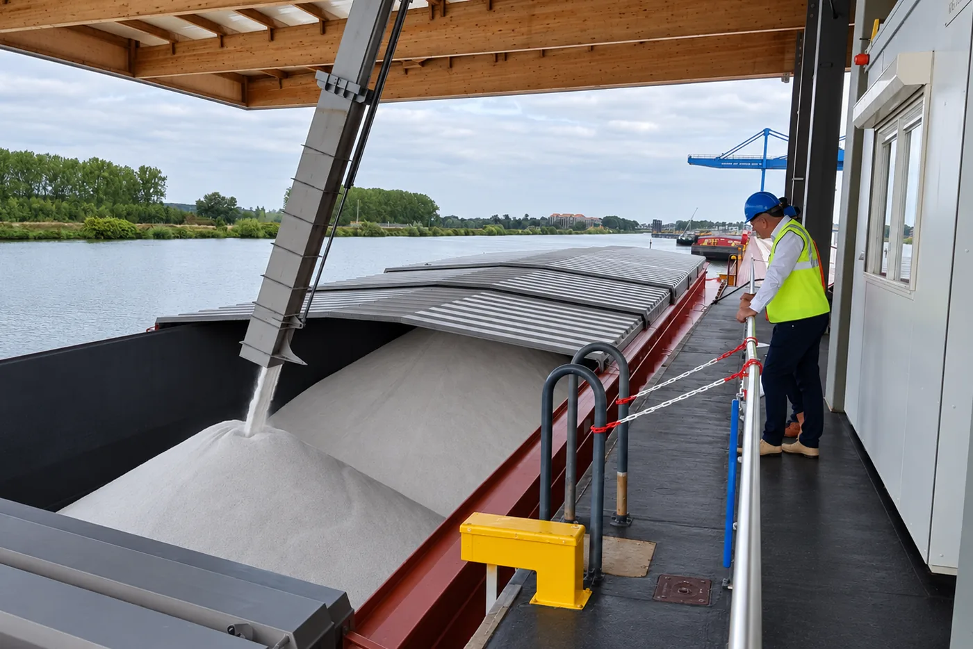 Inland barge being loaded with perlite on a European river