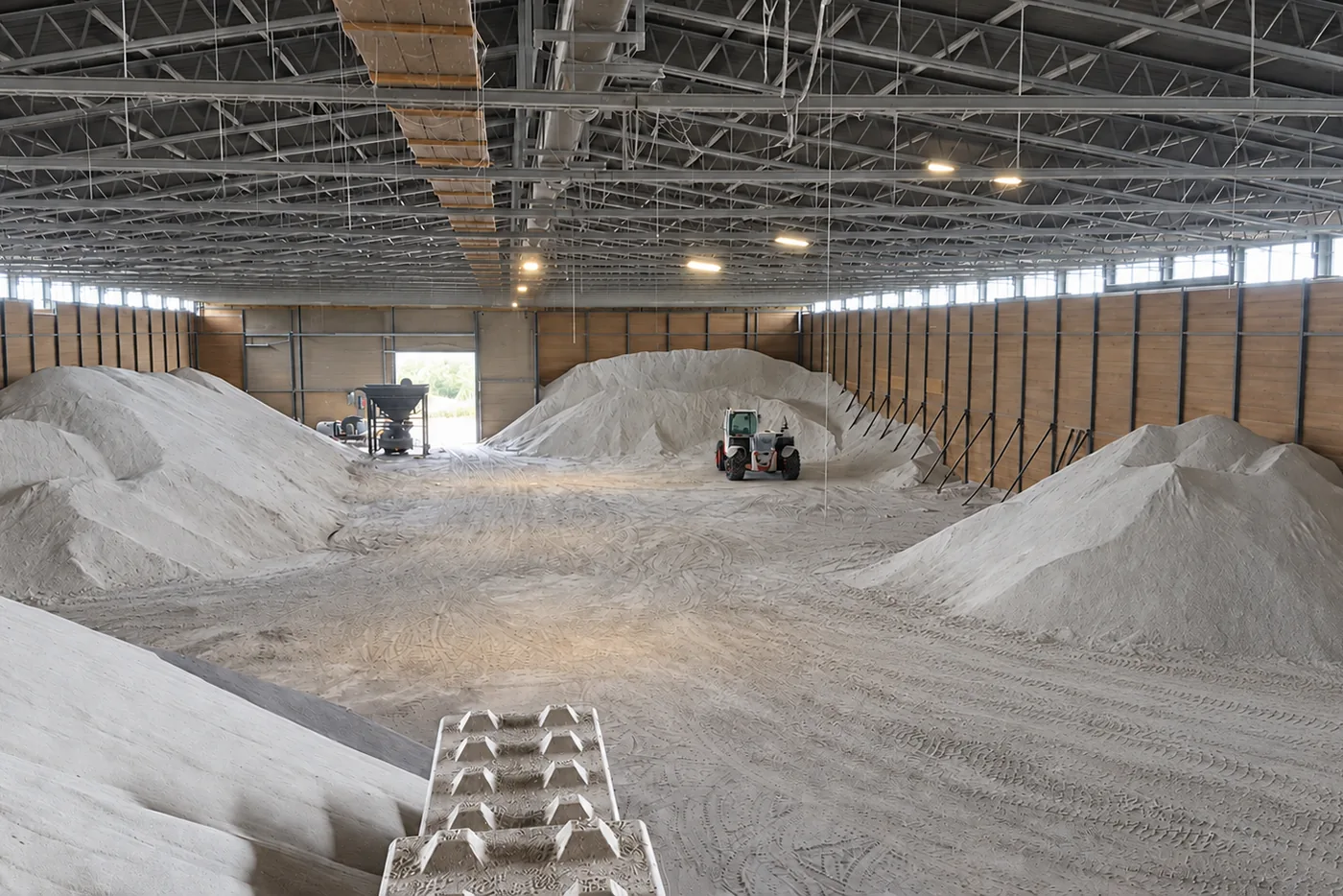 Bulk perlite stockpiles inside a covered warehouse